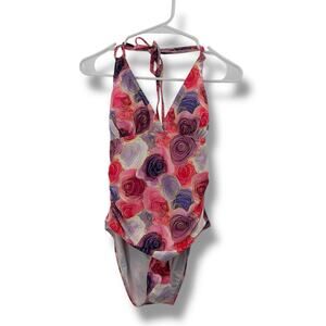 NWT Joan Vass Pink Rose Floral One Piece Swimsuit Size Medium Halter Ruched NEW